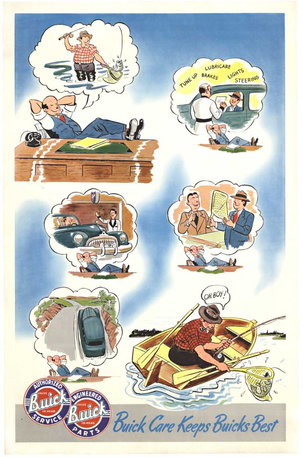 Vintage 1940s Buick Care lithograph poster featuring six dream-sequence vignettes of maintenance rituals (tune-up, brakes, lubrication, lights, steering) floating across clouds, leading to a satisfied fisherman in a boat. Linen-backed, excellent condition.