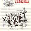 Conductor leading orchestra musicians amid musical notes on staff lines, Vienna classical music poster, vintage concert art.