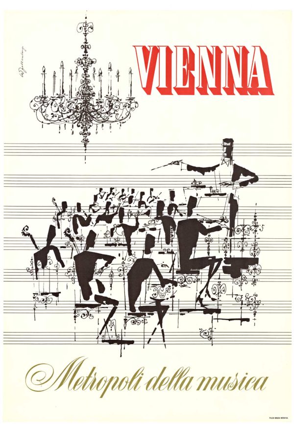 Conductor leading orchestra musicians amid musical notes on staff lines, Vienna classical music poster, vintage concert art.