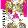 Original 1972 Germany by Bicycle vintage travel poster, serigraph showing cyclists navigating German townscape, magenta and gold color palette, linen-backed, "germany" typography, European cycling tourism art, ready to frame.