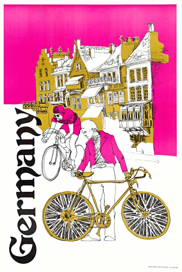 Original 1972 Germany by Bicycle vintage travel poster, serigraph showing cyclists navigating German townscape, magenta and gold color palette, linen-backed, "germany" typography, European cycling tourism art, ready to frame.