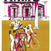 Original 1972 Italy by Bicycle serigraph vintage poster; two cyclists in magenta and golden background with Renaissance architectural elements; anonymous artist; linen-backed; 23.5" × 35"; excellent condition.