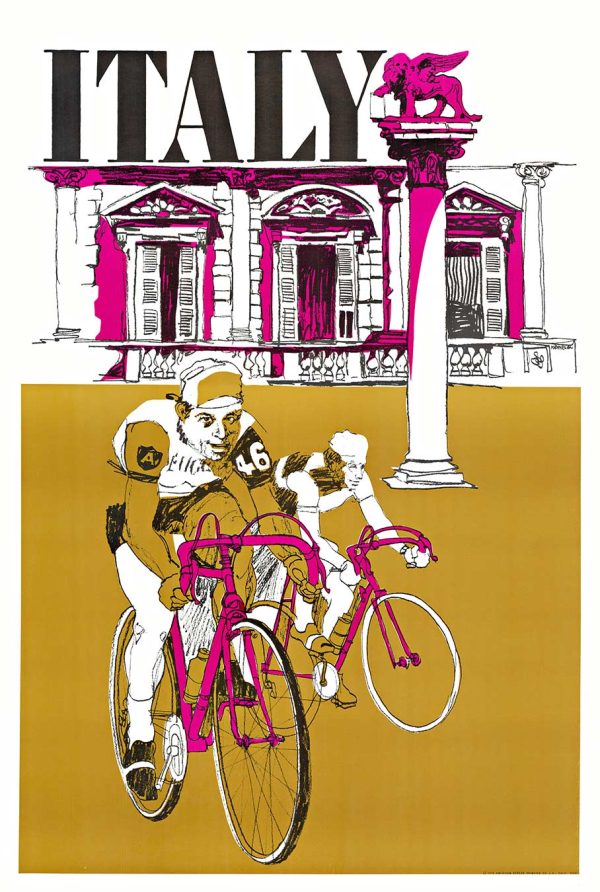 Original 1972 Italy by Bicycle serigraph vintage poster; two cyclists in magenta and golden background with Renaissance architectural elements; anonymous artist; linen-backed; 23.5" × 35"; excellent condition.
