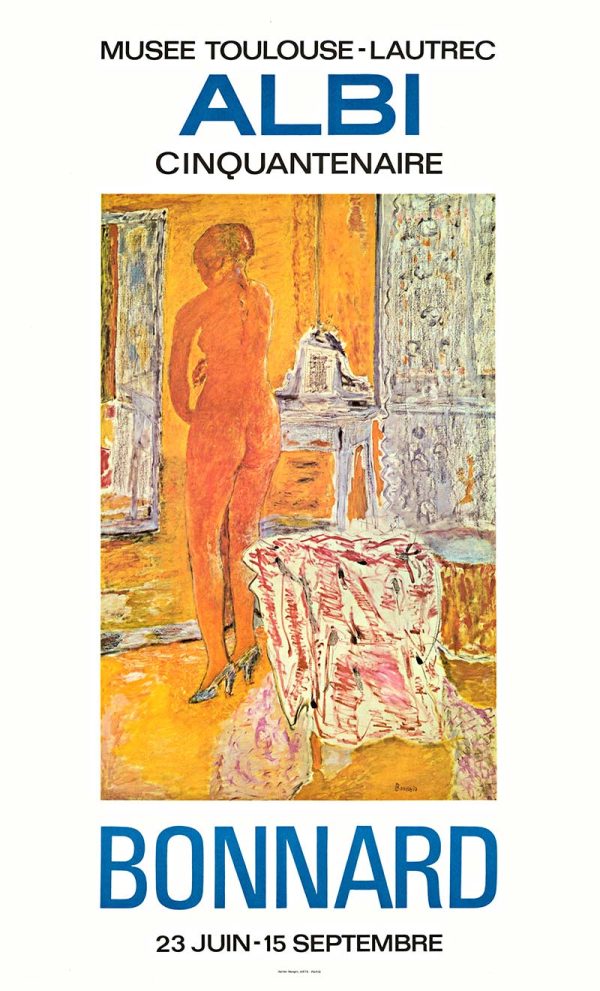 1972 Pierre Bonnard Cinquantenaire exhibition poster featuring nude figure in warm yellows and oranges standing before window, original offset-lithograph, Musée Toulouse-Lautrec Albi