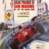 Vibrant red Ferrari racing car in motion, captured against a dynamic background with Shell and Marlboro sponsor logos, San Marino Grand Prix typography in bold Italian red and white, offset lithograph with rich color saturation and energetic composition conveying high-speed racing action and sponsorship heritage.