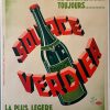 Original 1931 Source Verdier bottled water lithograph poster by Geo Barry featuring bold red typography and stylized bottle design. Linen-backed, museum-quality vintage advertising poster for collectors.