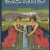 Original 1910 Salus Acqua Minerale Italian stone-lithograph cartone showing two elegant women in flowing red dresses presenting water jug and cup, Alpine village with white-capped mountains in background, vintage mineral water advertising