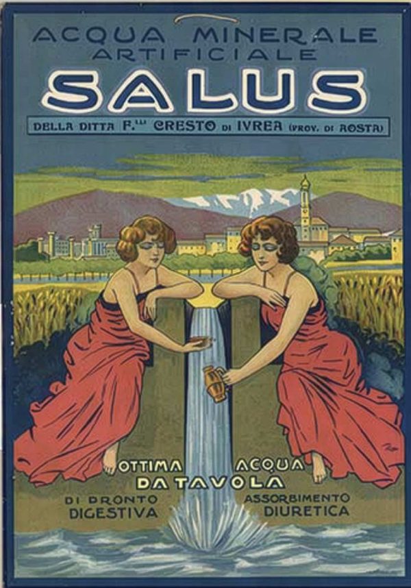 Original 1910 Salus Acqua Minerale Italian stone-lithograph cartone showing two elegant women in flowing red dresses presenting water jug and cup, Alpine village with white-capped mountains in background, vintage mineral water advertising