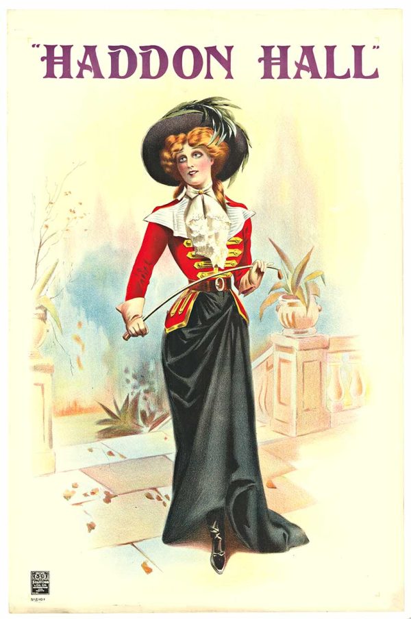 Original 1893 Haddon Hall vintage theater poster; authentic lithograph showing elegant woman in red jacket and black skirt holding riding crop, Art Deco design, linen-backed