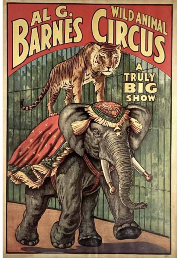 Al G. Barnes Wild Animal Circus 1960 lithograph poster; tiger mounted on elephant's back with bold "A Truly Big Show" headline—iconic American circus advertising art, mid-century reprint of 1920s–30s original design