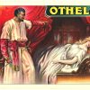 Original 1920s English stone lithograph theater poster for Shakespeare's Othello; Art Nouveau-influenced design featuring Moorish general Othello in cream robes with dagger looming over sleeping Desdemona in burgundy chamber; rich reds, golds, and cream palette; linen-backed, horizontal format, 30.5 x 20 inches, printed by Stafford & Co., Netherfield.
