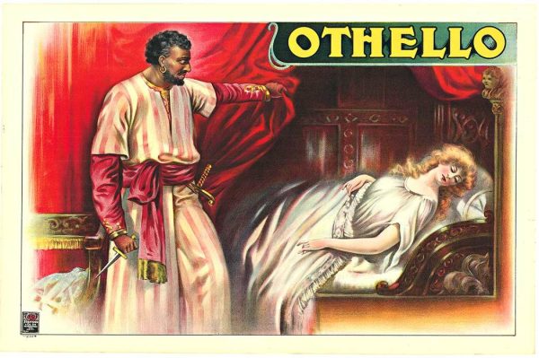 Original 1920s English stone lithograph theater poster for Shakespeare's Othello; Art Nouveau-influenced design featuring Moorish general Othello in cream robes with dagger looming over sleeping Desdemona in burgundy chamber; rich reds, golds, and cream palette; linen-backed, horizontal format, 30.5 x 20 inches, printed by Stafford & Co., Netherfield.