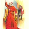 Original vintage British theater poster for Alexandre Dumas's The Three Musketeers featuring Cardinal Richelieu in dramatic red ecclesiastical robes with raised arm, attended by guards in period costume, stone lithograph on linen backing, theatre playbill advertising.