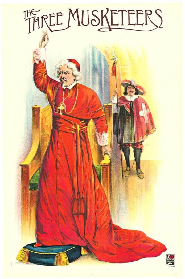 Original vintage British theater poster for Alexandre Dumas's The Three Musketeers featuring Cardinal Richelieu in dramatic red ecclesiastical robes with raised arm, attended by guards in period costume, stone lithograph on linen backing, theatre playbill advertising.