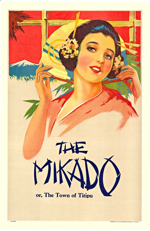 Original vintage theater poster for Gilbert and Sullivan's comic opera The Mikado featuring a stylized portrait of a woman in Japanese-inspired attire with flowers and decorative fans, vibrant red and cream color palette, stone lithograph printed by Stafford & Co. Ltd., linen-backed.