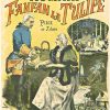 Uniformed soldier, gypsy woman, interior scene with figures, vintage French theater poster, Belle Époque lithograph art.