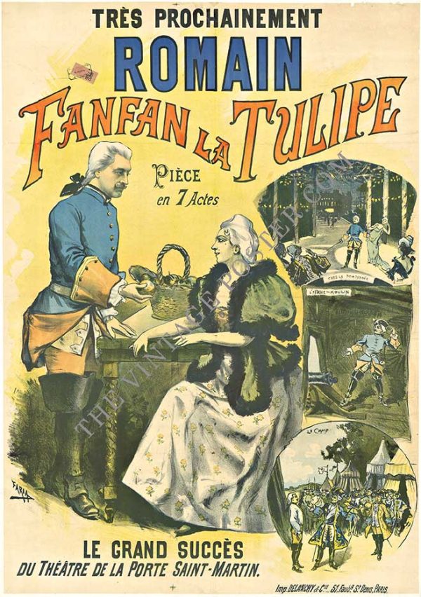 Uniformed soldier, gypsy woman, interior scene with figures, vintage French theater poster, Belle Époque lithograph art.