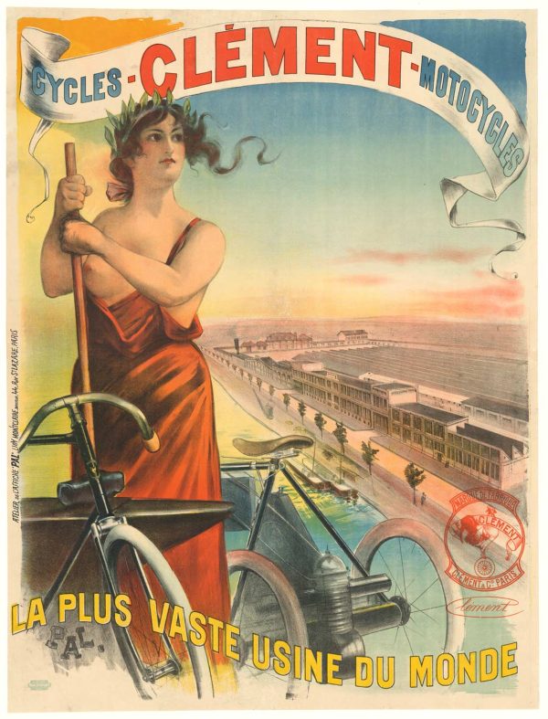 PAL Cycles Clement Motocycles "La Plus Vaste Usine de Monde" original 1895 poster, Belle Époque stone-lithograph featuring allegorical woman with bicycle, 42.25 x 56 inches, linen-backed