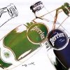 Original 1983 Andy Warhol Perrier poster featuring three bottles in various colors floating against neutral background with sketch-like hand-drawn elements. Horizontal format.