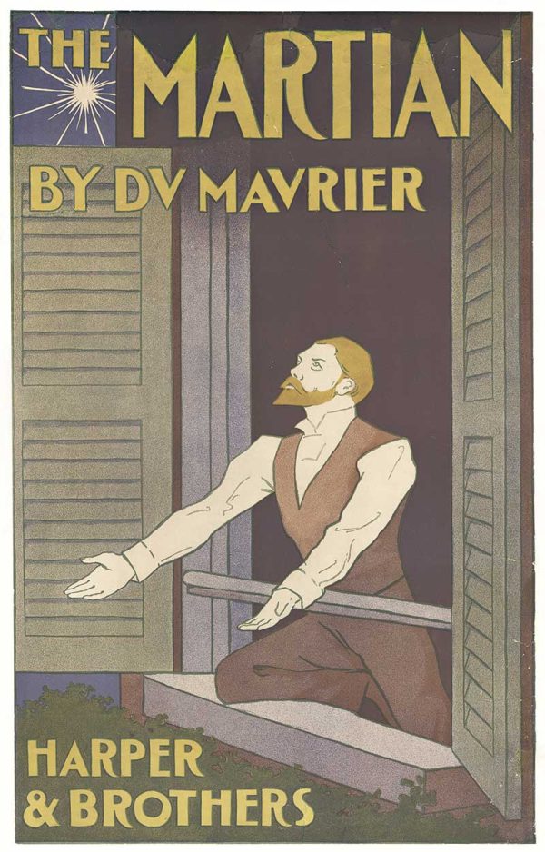 Edward Penfield original 1897 The Martian lithograph poster; figure leaning from window with Art Nouveau design, simplified silhouette, Japanese-influenced composition, white shirt and brown vest against dark interior, bold window framing.
