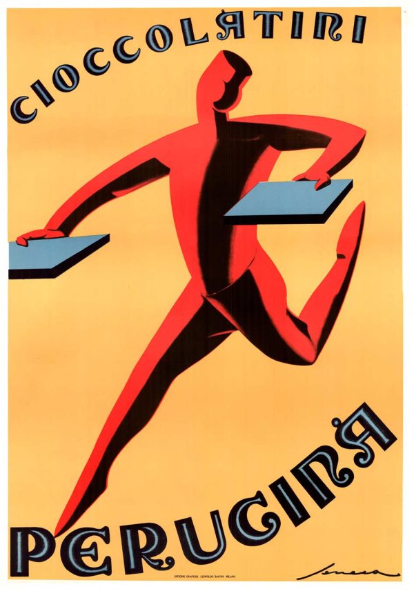 Federico Seneca "Cioccolatini Perugina" 1928 (1980s reissue) geometric Art Deco poster, authenticated vintage print, 38x54 linen-backed, Grade A- condition, red abstract figure on cream-yellow background.