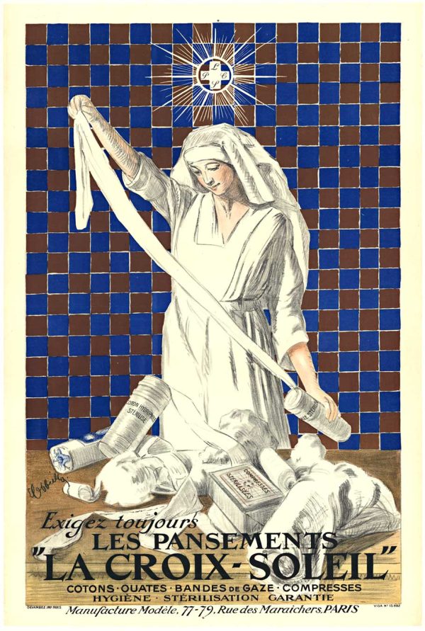 Authentic original 1919 La Croix-Soleil poster by Leonetto Cappiello featuring nurse and bandages with checkered background stone-lithograph