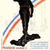 Original 1934 Leonetto Cappiello political recruitment poster for UNC veterans, towering French soldier in navy silhouette against blue-white-red rainbow, standing on octopus, linen-backed.