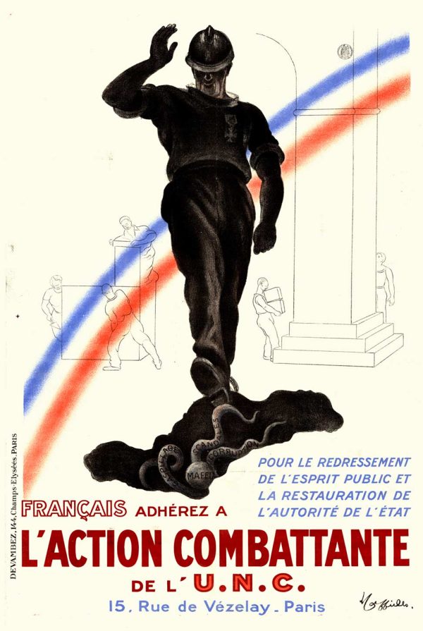 Original 1934 Leonetto Cappiello political recruitment poster for UNC veterans, towering French soldier in navy silhouette against blue-white-red rainbow, standing on octopus, linen-backed.