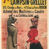 Original 1900 Charles Tichon stone lithograph poster advertising Lampsin-Grellet sewing machines and bicycles, Belle Époque couple in red coat pointing, linen-backed