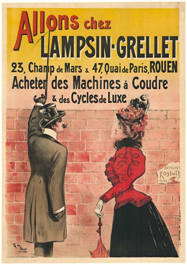 Original 1900 Charles Tichon stone lithograph poster advertising Lampsin-Grellet sewing machines and bicycles, Belle Époque couple in red coat pointing, linen-backed