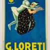 1920s Luciano Mauzan G. Loreti caramelle confetti cioccolato Italian lithograph, featuring a white jester figure reaching over a masked ball woman's shoulder against deep blue background, Art Deco candy shop poster.