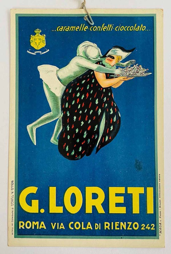1920s Luciano Mauzan G. Loreti caramelle confetti cioccolato Italian lithograph, featuring a white jester figure reaching over a masked ball woman's shoulder against deep blue background, Art Deco candy shop poster.