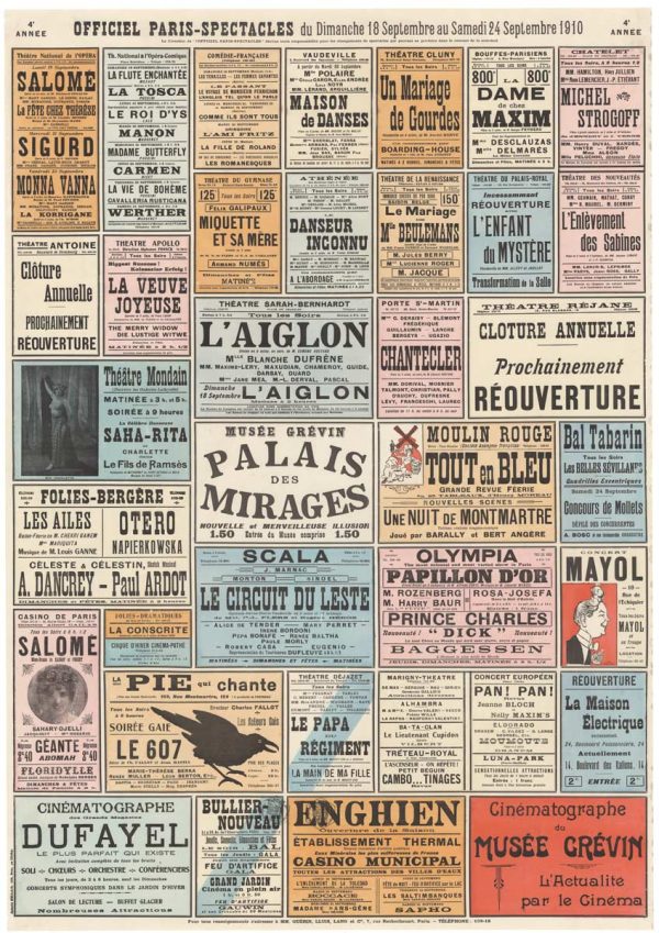 Vintage 1910 Paris theater events poster featuring Moulin Rouge, Salome, Musée Grévin, and other Belle Époque entertainment venues; linen-backed lithograph announcing performances September 18-24, 1910.