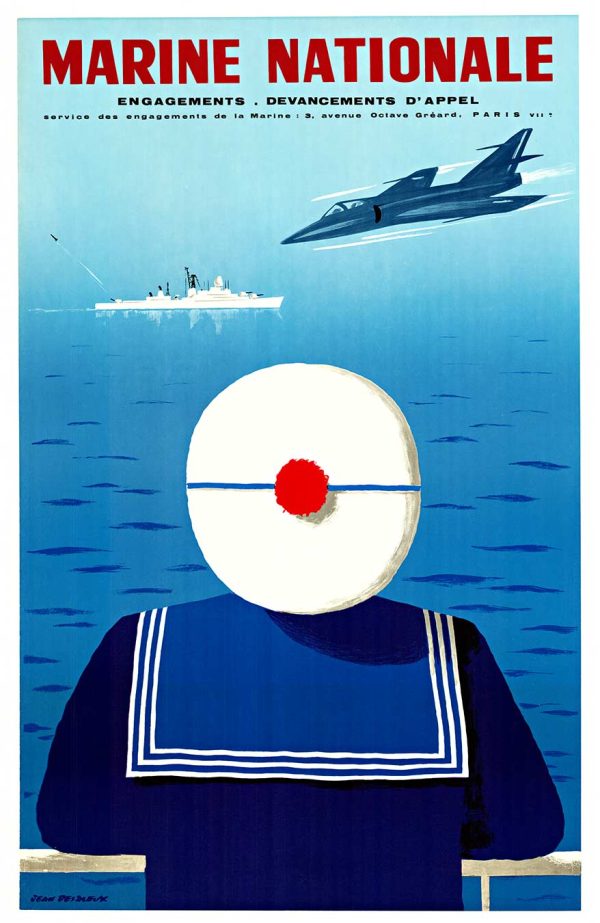 Vintage 1960 Jean Desaleux Marine Nationale French Navy recruitment lithograph poster with sailor figure, minimalist design, linen-backed original