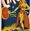 Vintage King Bros. Circus original lithograph poster featuring acrobat standing on elephant with parasol and clown in corner; 13.75 x 41 inches; narrow format; linen-backed