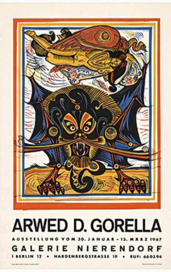 Original 1967 four-color lino-cut by German artist Arwed Gorella. Indonesian-inspired expressionist poster from Galerie Nierendorf Berlin. Linen-backed, excellent condition.