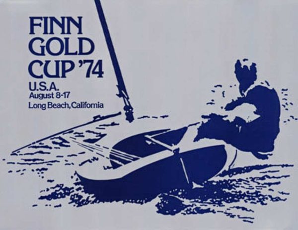 Original 1974 Finn Gold Cup sailing poster by Tom Grogg, silver foil with blue ink, 20.25" x 26", signed in plate