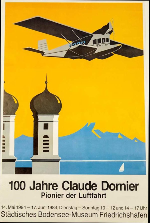 Vintage 1984 Oscar Consee 100 Jahre Claude Dornier Pionier der Luftfahrt exhibition lithograph poster with aircraft, cathedral, mountains, linen-backed original