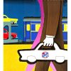 Colorful vintage French travel poster by Bernard Villemot showing a couple strolling in the foreground while an SNCF train and automobiles are pictured in the background, with text about “Train Autos-Couchettes.”