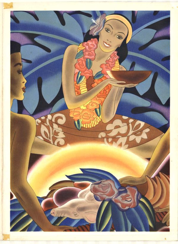 Original vintage 1938 Frank McIntosh Matson Line Hawaiian luau menu cover lithograph — authentic Art Deco travel poster, linen-backed in acid-free museum mat, pre-WWII.
