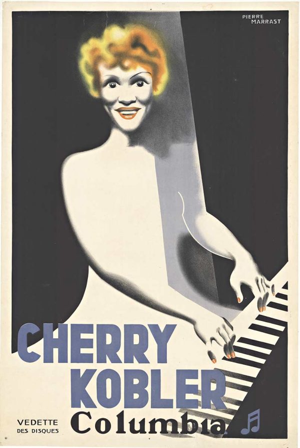 Portrait of Cherry Kobler by artist Pierre Marrast—1937 Columbia Records vintage lithograph poster featuring a blonde singer with cherry-red fingernails and a direct gaze, shown in a dark background.