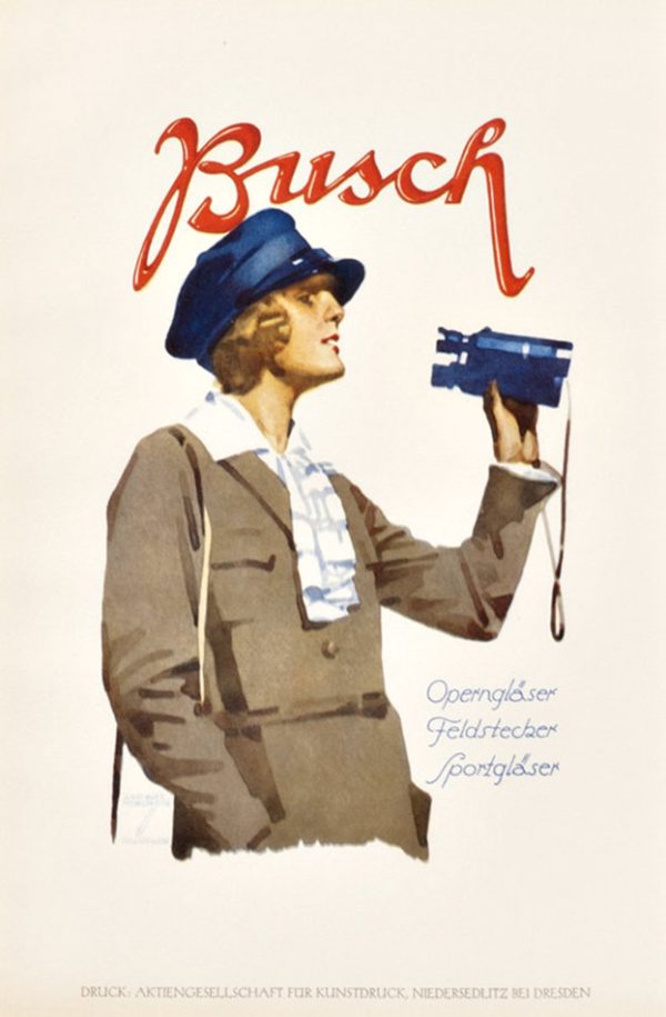 Authenticated vintage Hohlwein poster bookplate from 1926: woman in profile with binoculars. Original lithograph with cream ground, navy and red accents. Busch optical instruments branding. Grade A condition, sharp impression, clean margins.