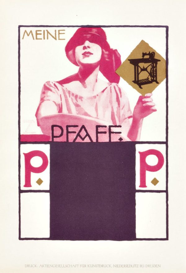 Original 1926 Ludwig Hohlwein ex libris bookplate featuring a bold magenta silhouette of a woman in a wide-brimmed hat, geometric architectural frame with "PFAFF" typography, cream ground, lithograph print.