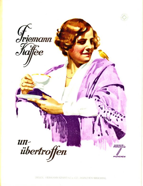 Original 1926 Ludwig Hohlwein ex libris bookplate featuring an elegant woman in profile with flowing purple shawl holding a coffee cup, rendered in purple, gold, and cream lithograph with refined typographic design.