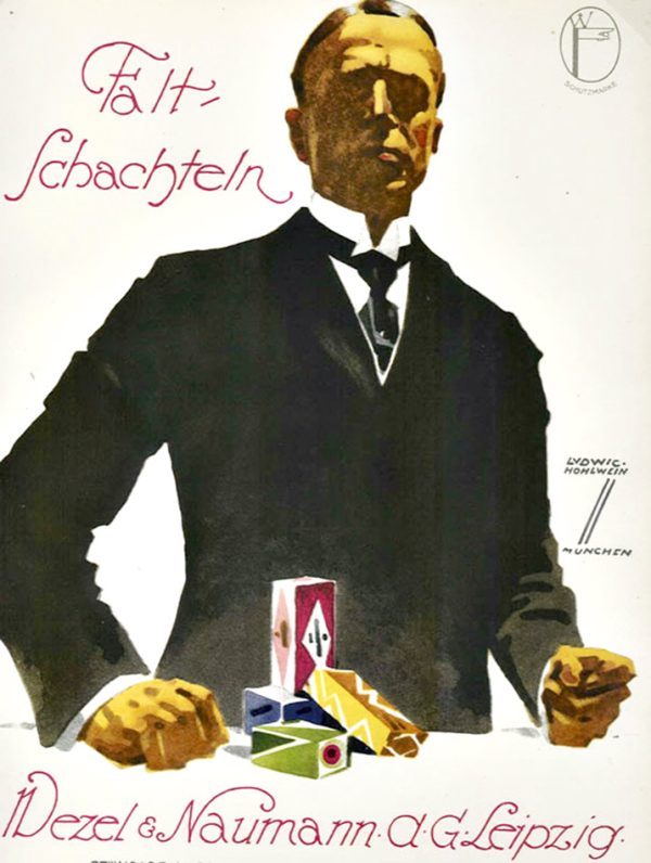 Distinguished gentleman in formal attire holding cardboard folding boxes and cigarette package, rendered in Hohlwein's minimalist dark palette. Handwritten "Fachstelle" text visible. Original 1926 lithograph, Grade A condition, unbacked original paper.
