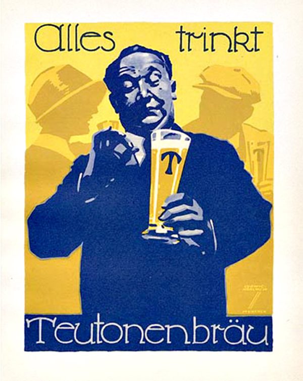 "Ludwig Hohlwein 1926 Alles Trinkt Teutonenbrau vintage German poster lithograph with blue silhouette figure and period typography"