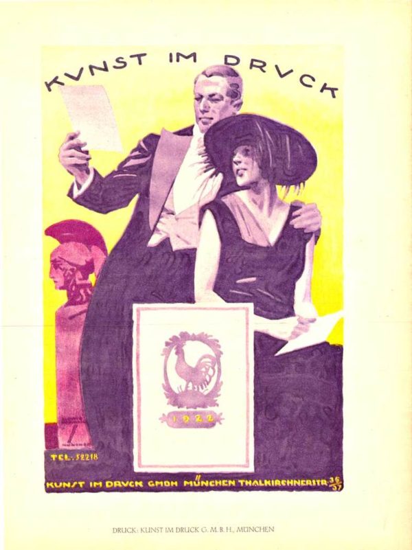 Original 1926 Ludwig Hohlwein ex libris bookplate titled "Kunst im Druck" (Art in Print). Well-dressed couple and classical Roman portrait bust present the central design. Yellow field with maroon-purple accents and geometric framing. Grade A condition lithograph on period paper with warm patina.