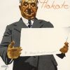Original 1926 Ludwig Hohlwein ex libris bookplate titled "Derbedrucke Plakate." Distinguished gentleman in formal attire presenting a blank sheet, with sculptural bronze element. Cream background with dark figure, conveying pride in quality printing and poster production. Grade A condition lithograph on period paper.