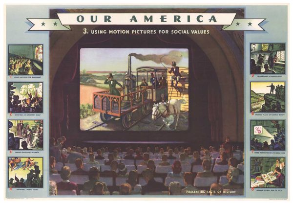 Coca-Cola 1943 Our America #3 Using Motion Pictures for Social Values original offset-lithograph poster; cinema theater audience viewing large screen with central vignette showing film projection, surrounded by eight smaller windows depicting leisure entertainment, legal documentation, historical recording, educational presentation, community events, and social impact—mint green background with green tone framing, vintage WWII educational poster, grade A condition unbacked original sheet"
