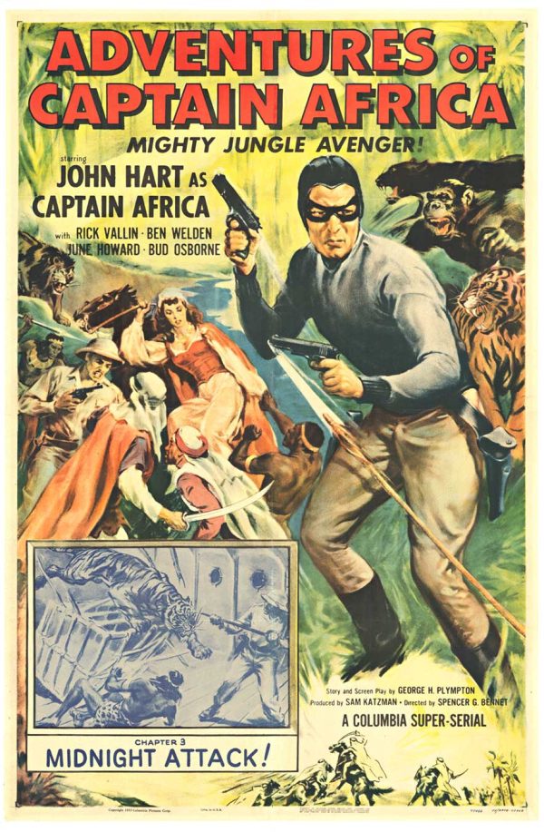 Original linen-backed vintage movie poster for “The Adventures of Captain Africa” #3 (1955), NSS 55/3802, with original theater fold marks restored, ready to frame.